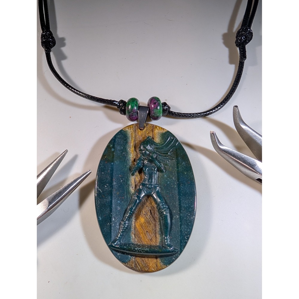 Fancy Agate Golden Tiger Eye‎ Warrior Pendant Necklace Adjustable Cord Artisan